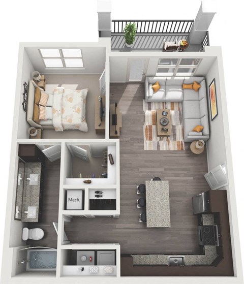Floor plan for 1 bed, 1 bath, 760 sqft